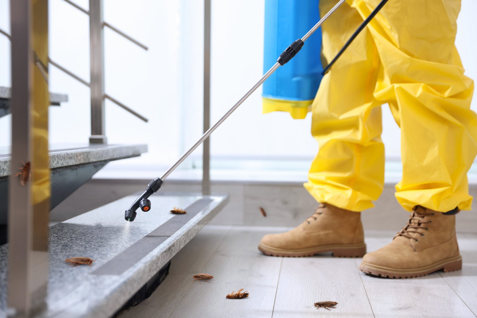 Pest control worker spraying insecticide in room with cockroaches, closeup
